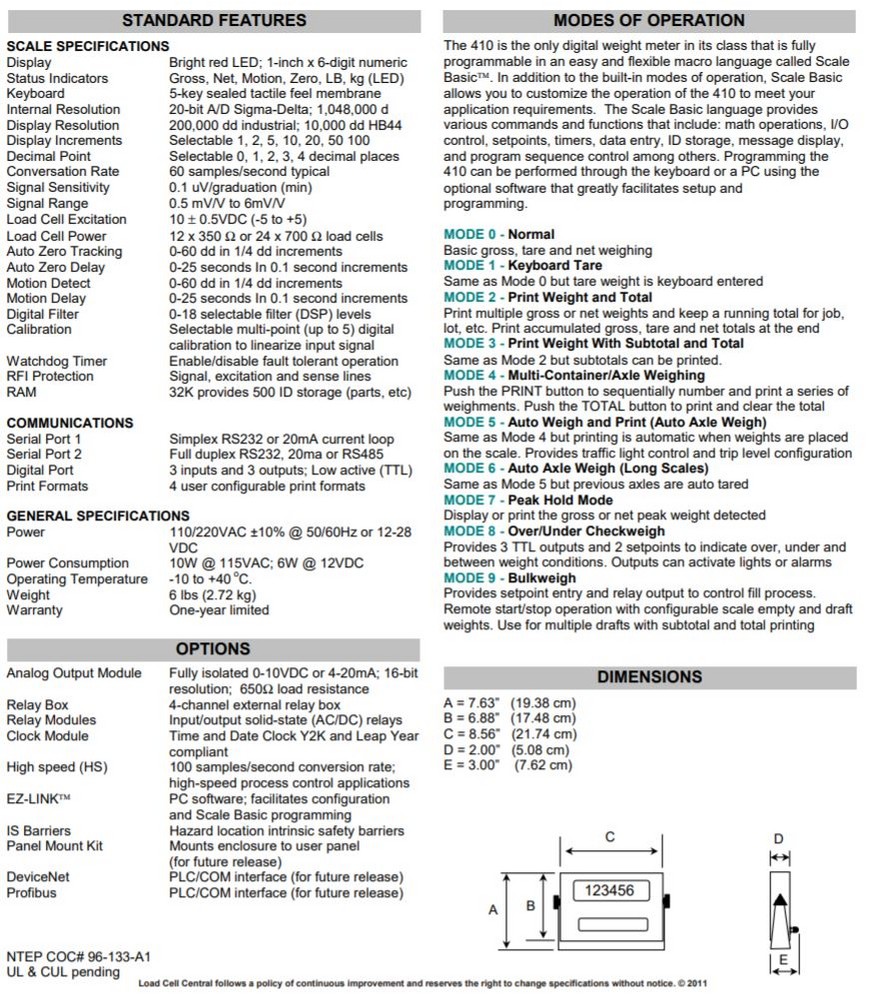 410 specification sheet