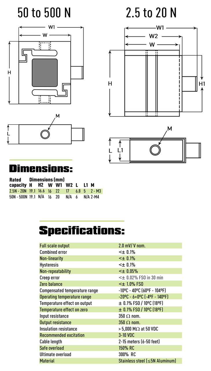jrs1 miniature universal load cell diagrams, dimensions, and specifications